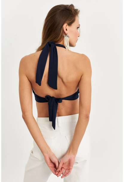 Kadın Lacivert Sırt Ve Boyun Bağlamalı Bluz EY1472