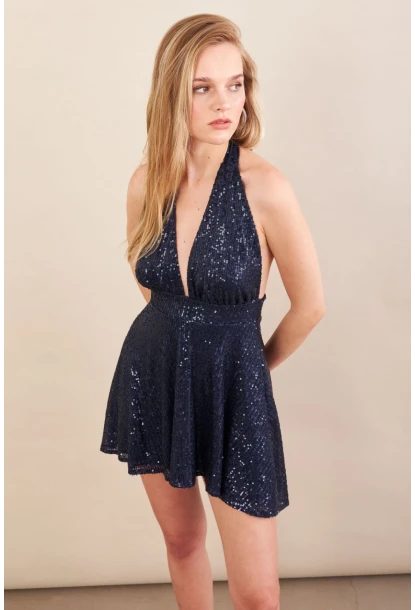 Kadın Lacivert Sırtı Açık Payetli Astarlı Mini Elbise DCF046