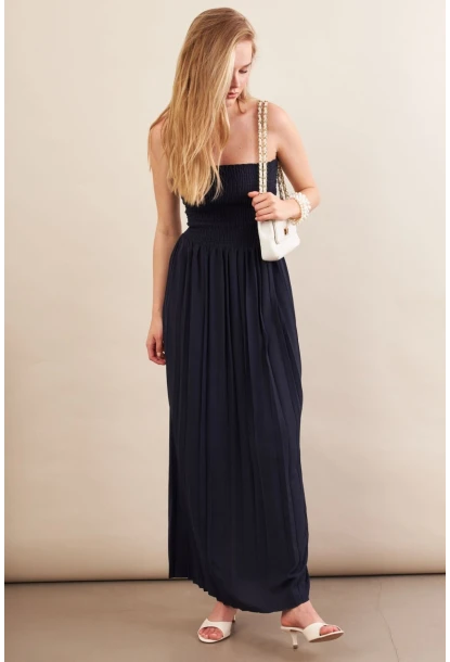 Kadın Lacivert Straplez Yaka Midi Elbise MSİ100