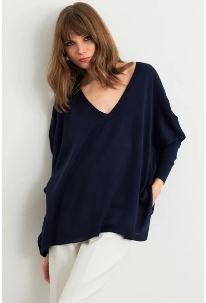 Kadın Lacivert V Yaka Salaş Bluz YV304