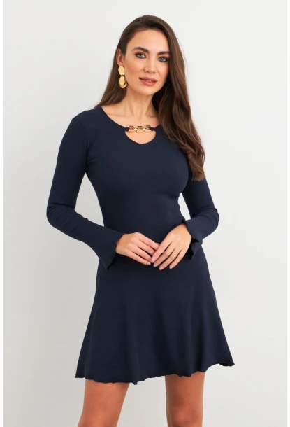 Kadın Lacivert Yakası Aksesuarlı Mini Elbise FRY2267