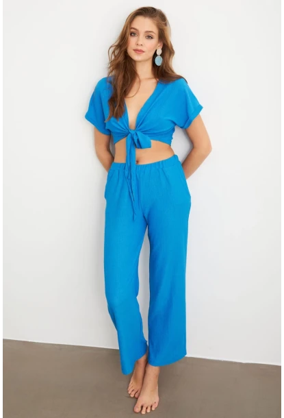 Kadın Mavi Bağlamalı Bürümcük Takım Q1012