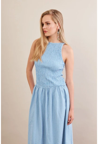 Kadın Mavi Beli Lastikli Gipeli Midi Elbise ZH130