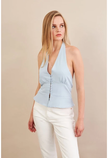 Kadın Mavi Boyun Bağlamalı Keten Yelek FS129