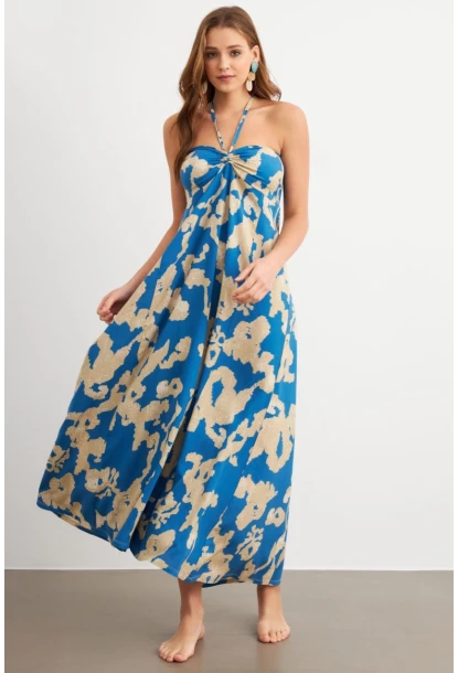 Kadın Mavi Büzgülü Desenli Midi Elbise KAB304