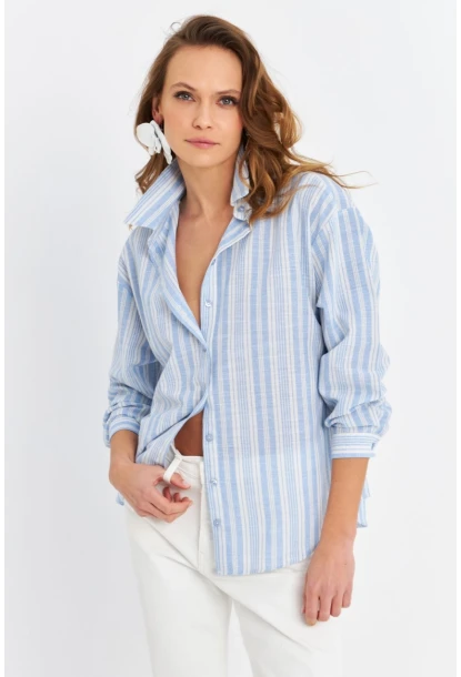 Kadın Mavi Çizgili Keten Gömlek ROP102