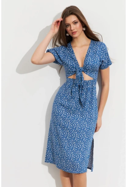 Kadın Mavi Desenli Pencereli Midi Elbise Q1013