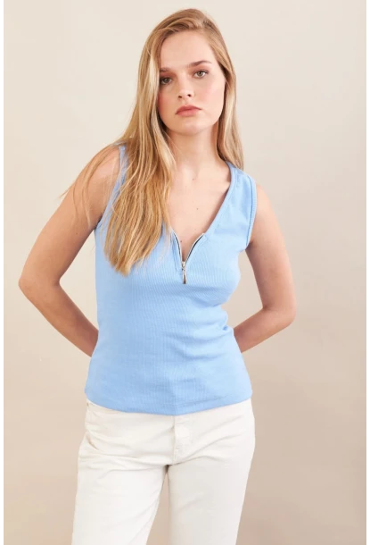 Kadın Mavi Fermuarlı Kaşkorse Bluz EY3106