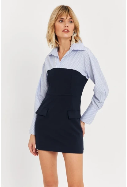 Kadın Mavi Gömlek Bloklu Mini Elbise KED3072