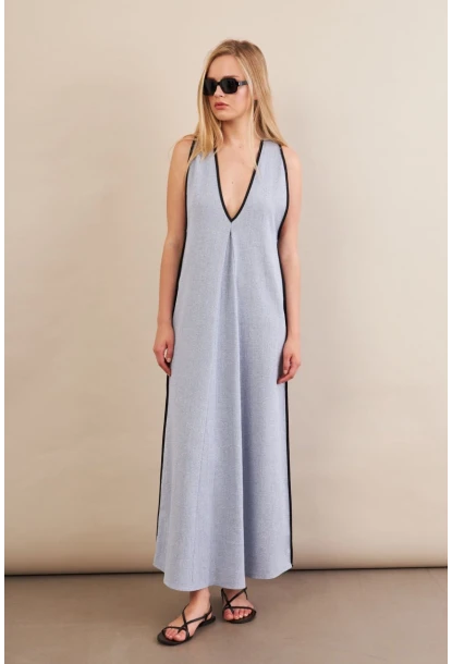 Kadın Mavi Kontrast Çizgili Maxi Keten Elbise MSİ101