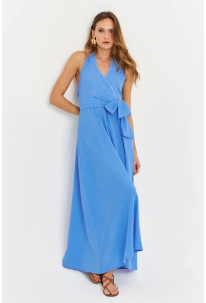 Kadın Mavi Kruvaze Bürümcük Maxi Elbise EY3053