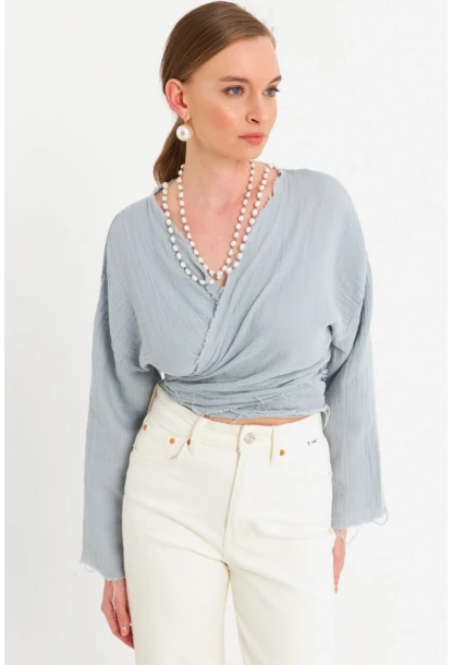 Kadın Mavi Müslin Crop Bluz PC20700