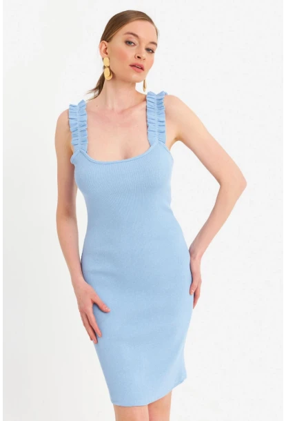Kadın Mavi Omuz Bantlı Kaşkorse Mini Elbise URO203