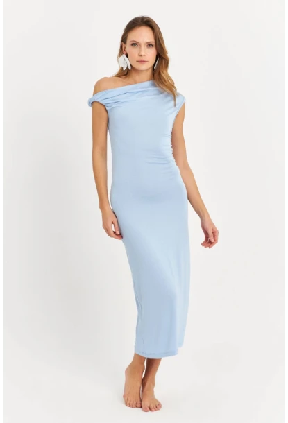 Kadın Mavi Omuz Düğümlü Degaje Midi Elbise EY3054
