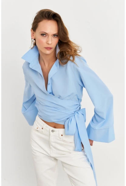 Kadın Mavi Önü Bağlamalı İspanyol Kol Gömlek MON142