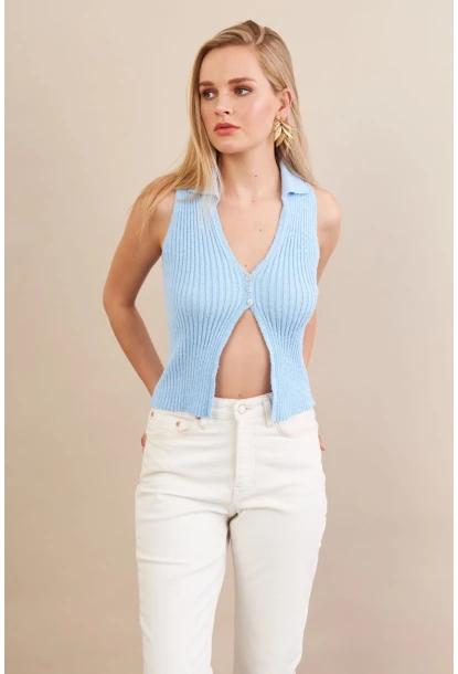 Kadın Mavi Polo Yaka Yumoş Yelek ZH050