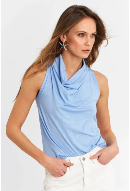 Kadın Mavi Sırt Pencereli Desenli Bluz LPP1021