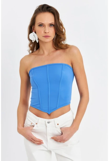 Kadın Mavi Straplez Crop Bluz B6081