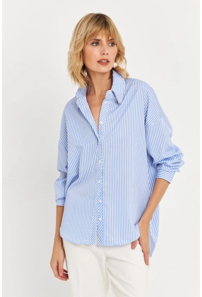 Kadın Mavi Taş Detaylı Çizgili Gömlek KED4088