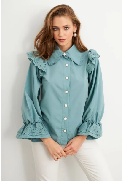 Kadın Mint Bebe Yaka Dantelli Gömlek MQS1839