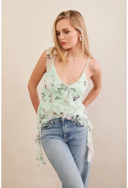 Kadın Mint Desenli Fırfırlı Şifon Bluz FS033