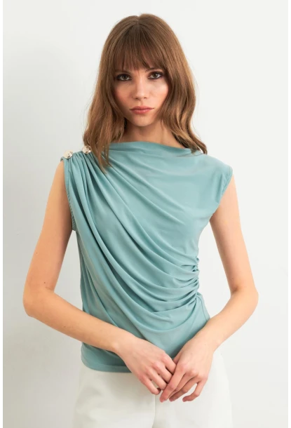 Kadın Mint Düğme Detaylı Büzgülü Bluz LPP1205-1