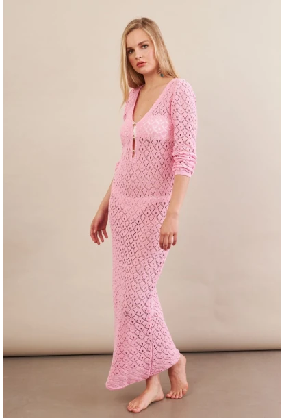 Kadın Pembe Aksesuarlı Triko Plaj Elbisesi KZ3237-90