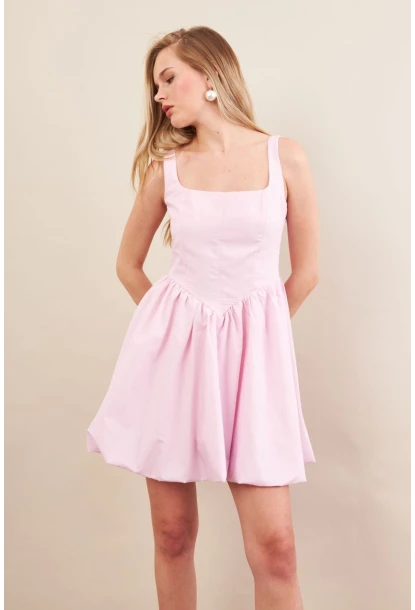 Kadın Pembe Askılı Mini Balon Elbise ERL105