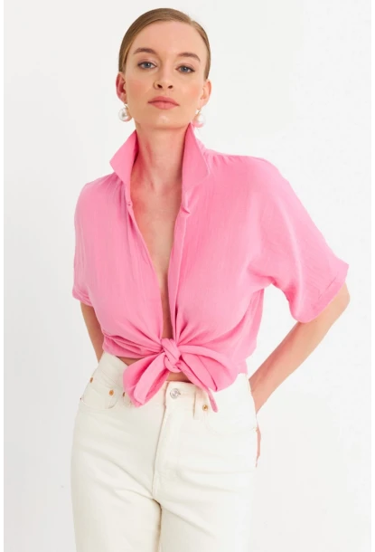 Kadın Pembe Bağlamalı Keten Bluz BTH16