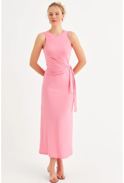 Kadın Pembe Büzgülü Kolsuz Midi Elbise TF75