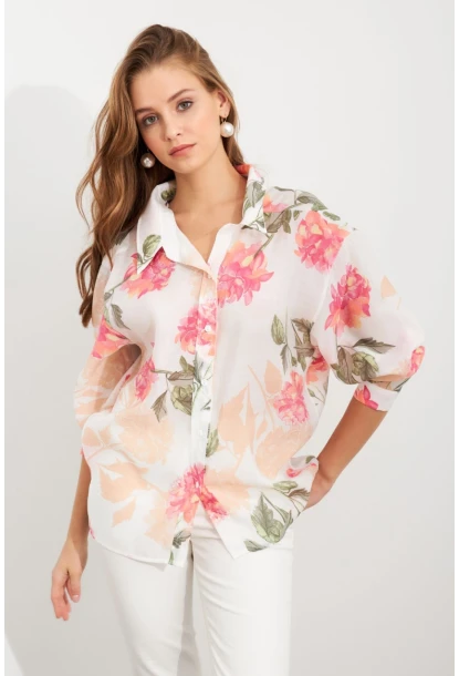 Kadın Pembe Çiçek Desenli İnce Keten Gömlek MCAR1068