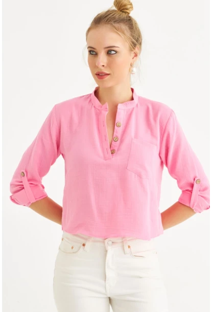 Kadın Pembe Düğmeli Keten Gömlek Bluz BTH17