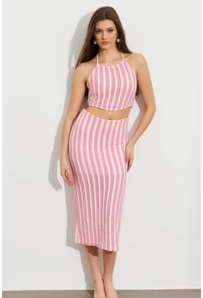 Kadın Pembe Etekli Triko Takım ROP108