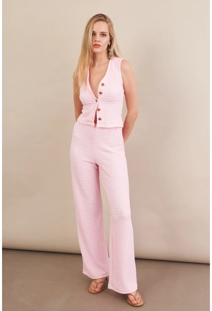 Kadın Pembe Gofre Yelek Pantalon Takım FLU330