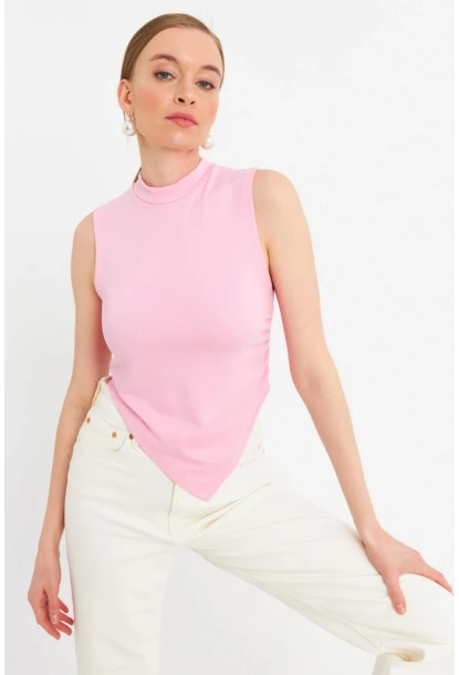 Kadın Pembe Kolsuz Crop Bluz ZH07