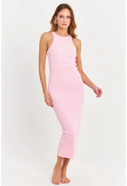 Kadın Pembe Kolsuz Kaşkorse Midi Elbise EY3049