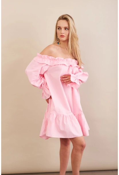 Kadın Pembe Madonna Yaka Midi Elbise PSG1012