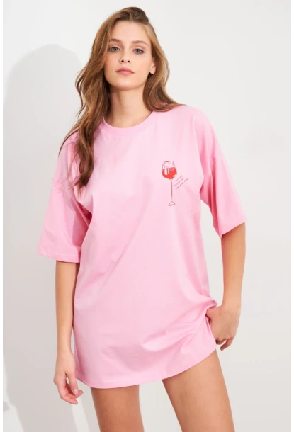 Kadın Pembe Oversize Pijama T-Shirt TPG14