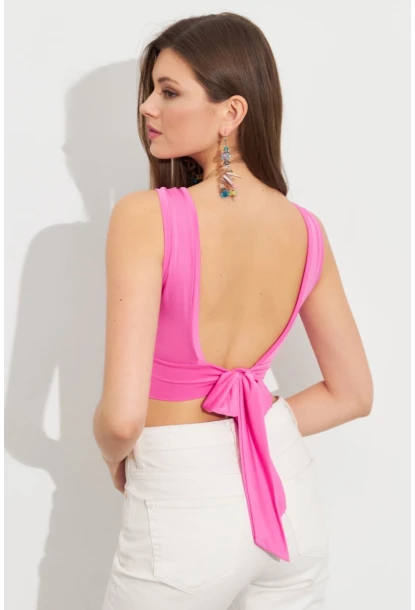 Kadın Pembe Sırt Bağlamalı Crop Bluz EY2733