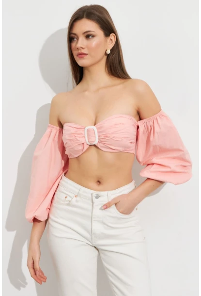 Kadın Pudra Balon Kol Crop Bluz ROP111