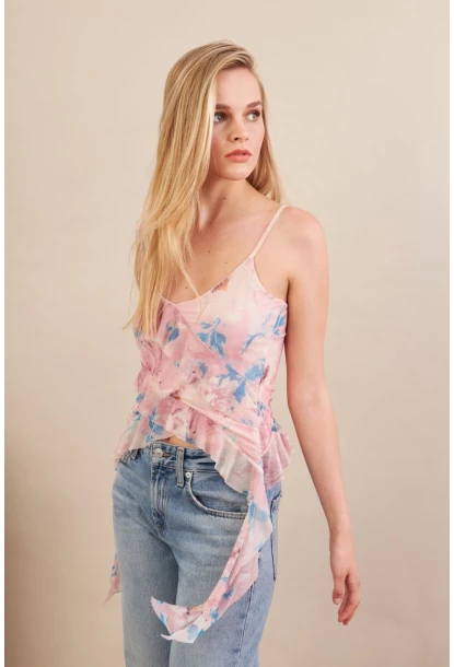 Kadın Pudra Desenli Fırfırlı Şifon Bluz FS033