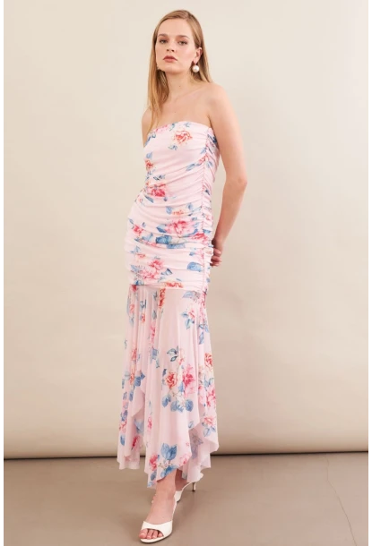 Kadın Pudra Drapeli Straplez Midi Tül Elbise ERL101