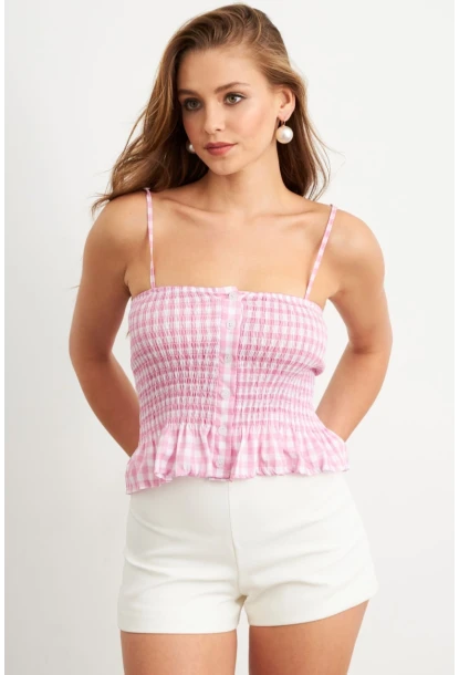 Kadın Pudra Ekose Lastikli Crop Bluz MTK13397