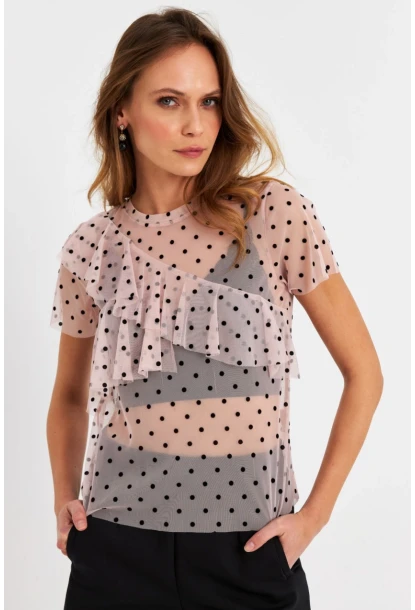 Kadın Pudra-Siyah Puantiyeli Tül Bluz ZH029