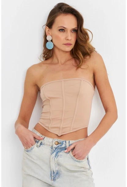 Kadın Pudra Straplez Crop Bluz B6081