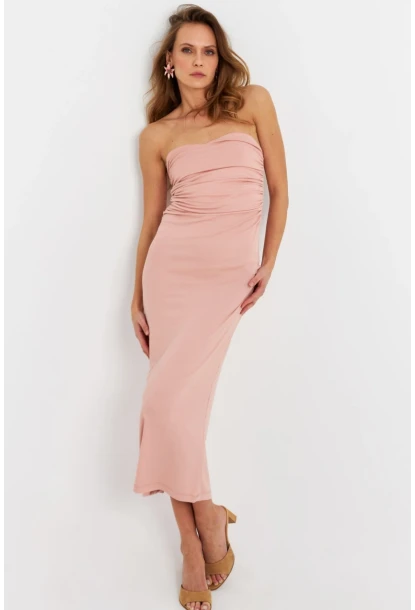Kadın Pudra Straplez Midi Elbise EY3080