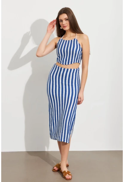 Kadın Saks Etekli Triko Takım ROP108