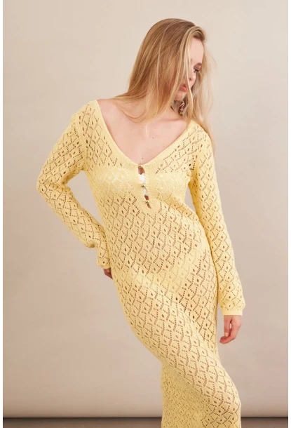 Kadın Sarı Aksesuarlı Triko Plaj Elbisesi KZ3237-90