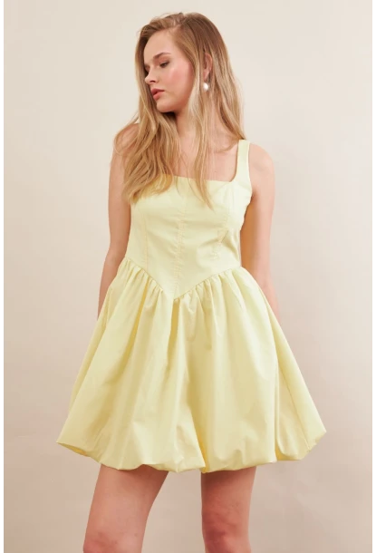 Kadın Sarı Askılı Mini Balon Elbise ERL105