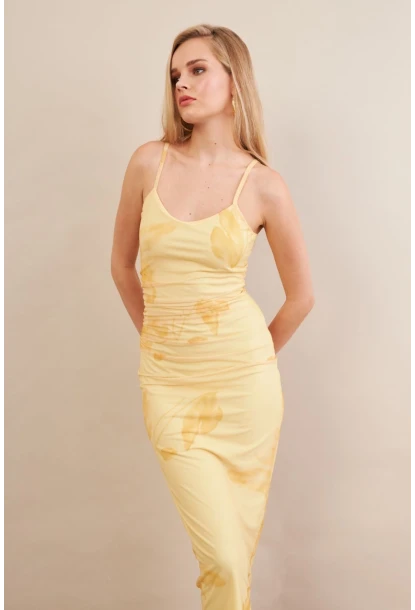 Kadın Sarı Astarlı Midi Tül Elbise MRS130